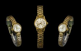 Ladies Omega Automatic Gold Plated Wrist Watch From The 1980's, Mother of Pearl Dial, Date-Display,