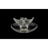 Mid Century Lalique Glass Kissing Doves Pin Dish Of circular form with opalescent glass doves to