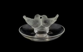 Mid Century Lalique Glass Kissing Doves Pin Dish Of circular form with opalescent glass doves to