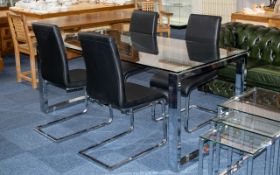 Modern Glass Topped Dining Table and Four Chairs chrome supports square tinted glass top 71 by 35