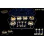 Mid Victorian Period Superb Quality Boxed Set of Six Ornate Silver Salts and Matching Spoons,