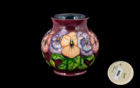 Moorcroft Globular Shaped Tubelined Vase ' Pansies ' Pattern. Designer Rachael Bishop. c.1994.