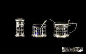 George V Very Pleasing Sterling Silver 3 Piece Cruet Set, Complete with Blue Liners.