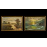 Two Framed Oil And Chalk Pastel On Paper Landscapes Mid century framed artworks,