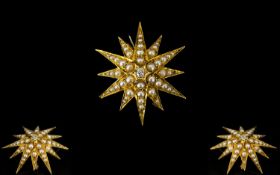 Antique - 18ct Gold Starburst Diamond and Pearl Brooch of Pleasing Form.