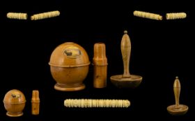 A Small Collection of Treen Sewing Accessories ( 4 ) with Carved Ivory / Bone Needle Container.