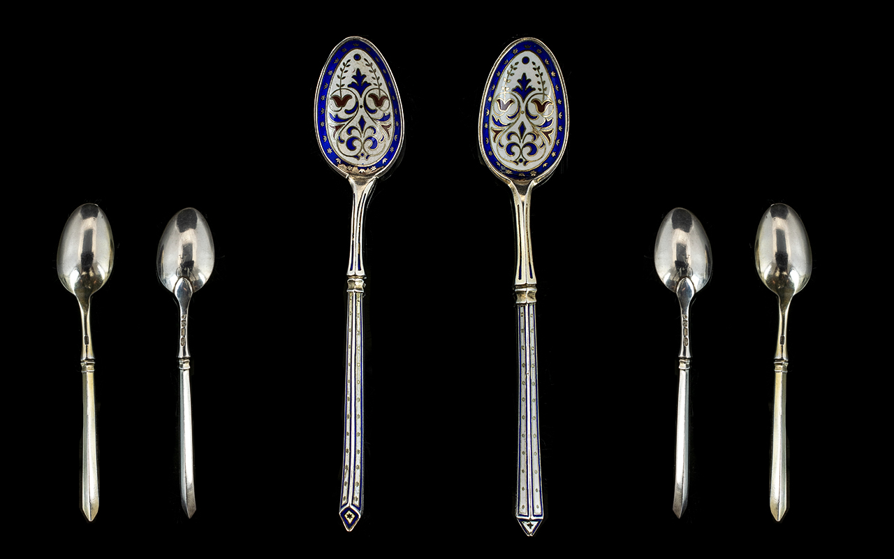 Danish - Superb Quality Late 19th Century Pair of Silver and Enamel Spoons,