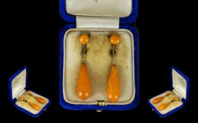 Antique Period Gold Set Pair of Superb Natural Baltic Butterscotch Tear Drop Earrings,