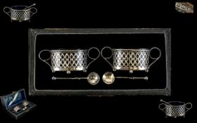 Antique Boxed Set Of Silver Salts Housed in fitted case each with original spoon,