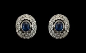 Russian 14ct White Gold Superb Diamond and Sapphire Set Pair of Earrings, In a Cluster Setting.