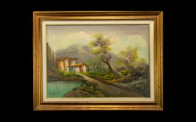 A Mid Century Continental Oil On Canvas Framed and glazed in broad gilt swept frame.