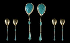 Set Of Two Russian Imperial Cloisonne Enameled Silver Spoons Attributed To Master Workman Gustav