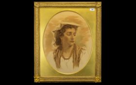 A 19th Century Framed Sepia Tone Portrait Print Depicting a continental maiden with headscarf and