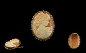 9ct Gold Mounted Large and Impressive Oval Shaped Shell Cameo with Attached Safety Chain.