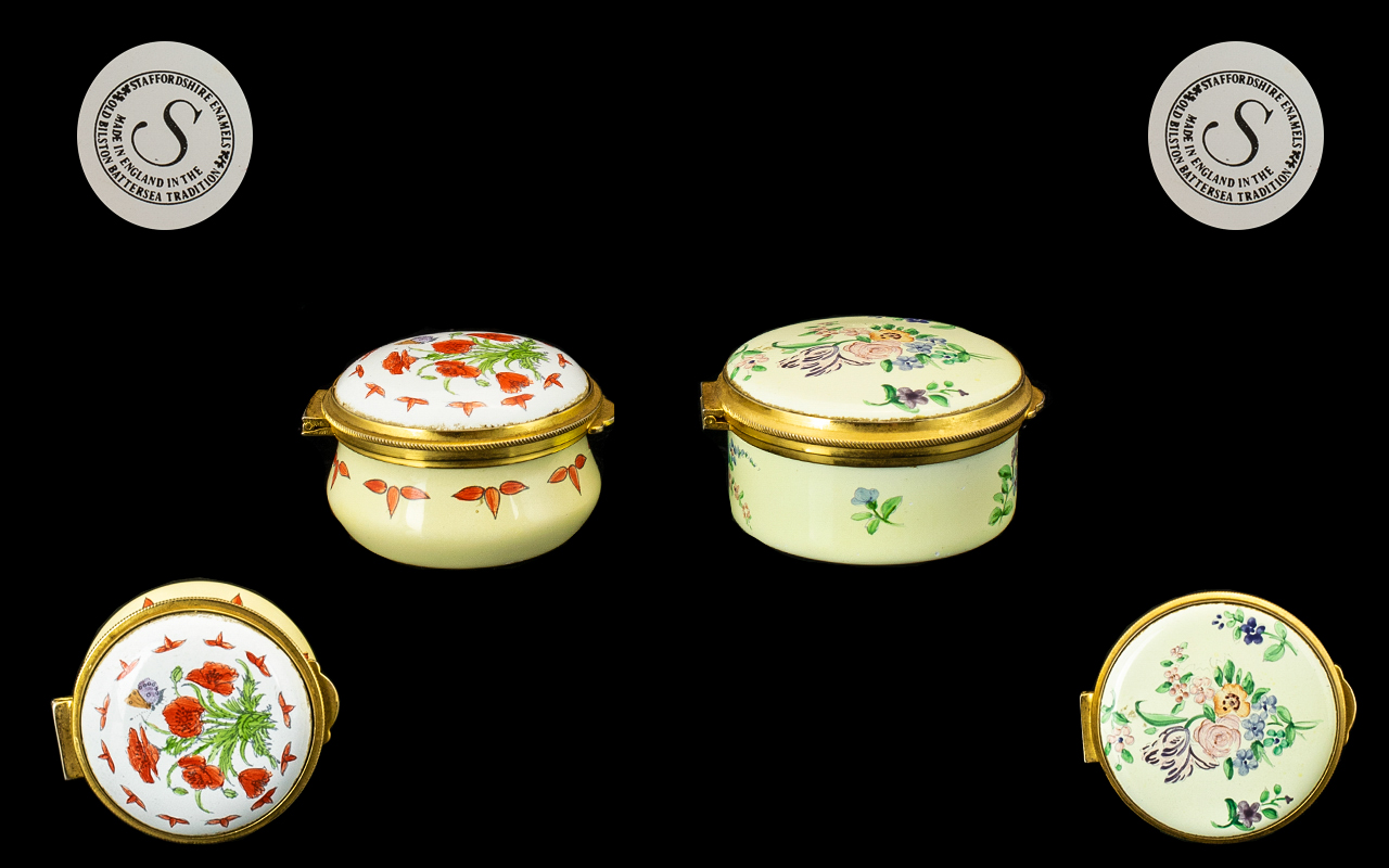 Old Bilston Enamels Lidded Pill Boxes ( 2 ) of Circular Form.