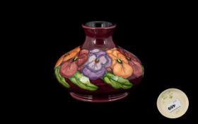 Moorcroft Squat Shaped Tubelined Vase ' Pansies ' Pattern. Designer Rachael Bishop. c.1994. 4.