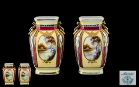 Noritake - Fine Quality Twin Handle Pair of Early 20th Century Hand Painted Vases with Painted