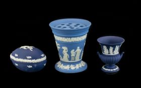 Three Pieces of Wedgwood to include Jasper Portland Blue Miniature Vase No 3077 in original