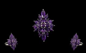 Amethyst Marquise Shape Cluster Ring, deep, rich purple amethysts in marquise and oval cuts,