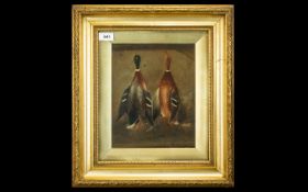 Antique Still Life Oil On Board Naively rendered depicting hanging Mallard drakes,