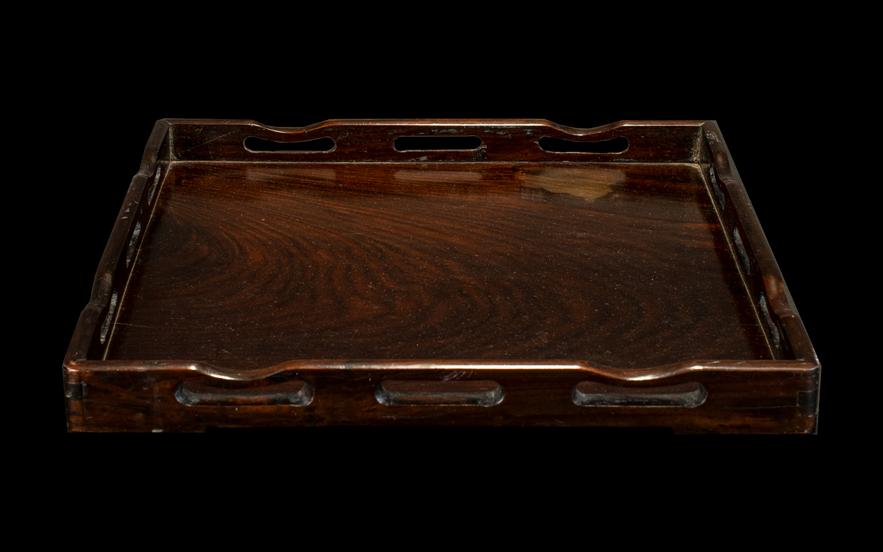Antique Oriental Wood Serving Tray Of square form with gallery top, 14 x 14 inches.