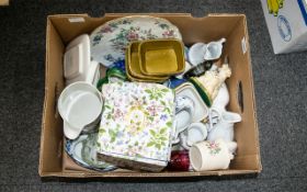 A Mixed Box Of Miscellaneous Ceramics And Collectibles To include ornamental figures, glass items,