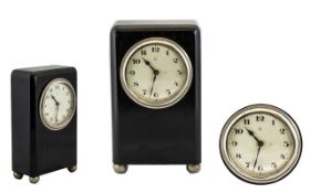 Edwardian Ebony ( Solid ) Keyless Cased Small Clock of Rectangular Form with a 4 Silver Tone Ball
