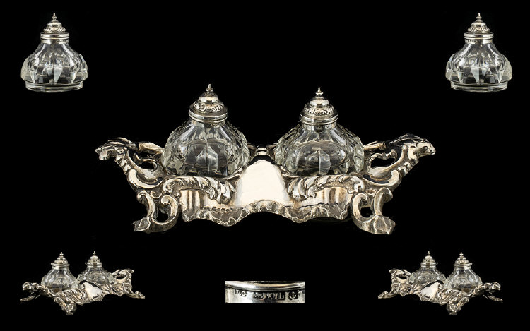 Mid Victorian Superb Quality Ornate Silver Ink Stand - Complete with a Pair of Silver Topped Cut