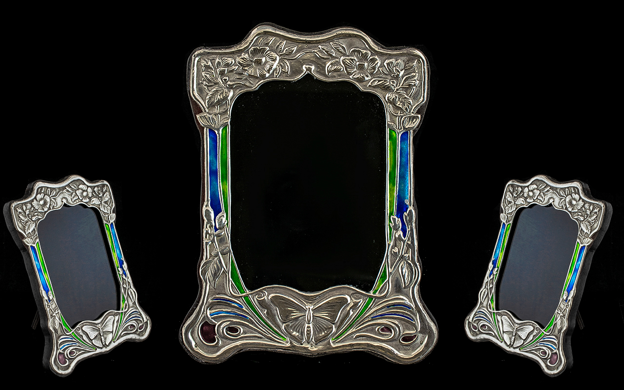 Art Nouveau Design Sterling Silver and Enamel Photo Frame with Butterfly and Stylised Floral Images,