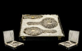 Ladies - Mid 20th Century Boxed Deluxe 4 Piece Silver Backed Vanity Set, Includes Hand Mirror,