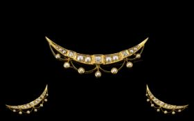 Antique Period 18ct Gold Crescent Shaped Tiara Diamond and Pearl Set Brooch of Pleasing Form. c.