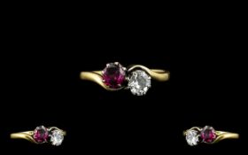 18ct Gold and Platinum Attractive Diamond and Ruby Set - Two Stone Diamond Ring. From The 1930's.