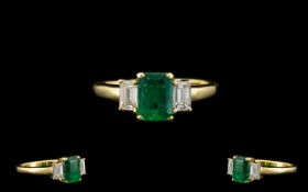 18ct Gold - Superb Quality and Attractive Emerald and Diamond Set Dress Ring,