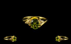 Peridot Solitaire Style Ring, an oval cut peridot of 2cts, set at a slight angle,