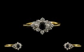18ct Gold - Attractive Diamond and Sapphire Set Dress Ring, Flower head Setting.