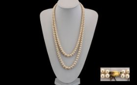 Ladies 1970's Nice Quality Double Strand Cultured Pearl Necklace of Graduated Form with a 9ct Gold