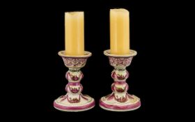 A Pair Of Continental Ceramic Candlesticks Each of squat form, raised on circular base,