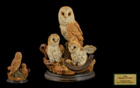 Country Artists Figurine of Three Owls on a wooden plinth 'Shadows in the Barn'.