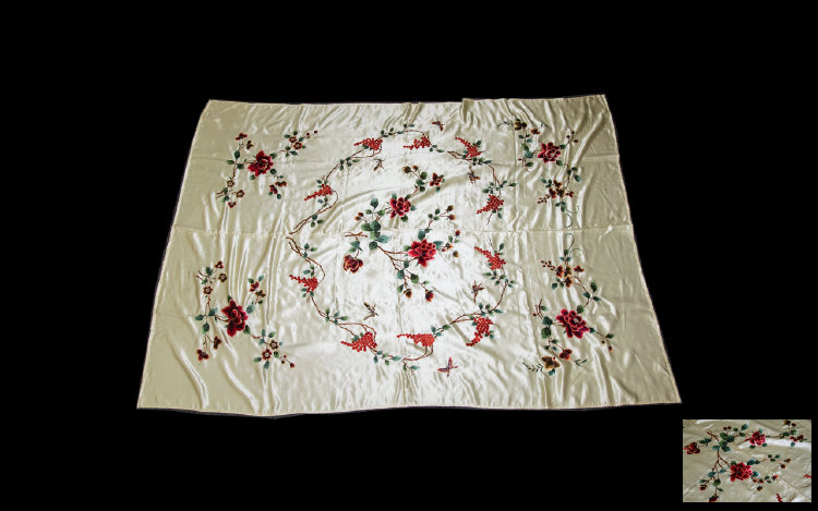 Vintage Japanese Silk Satin Embroidered Coverlet Machine embroidered rectangular throw on oyster
