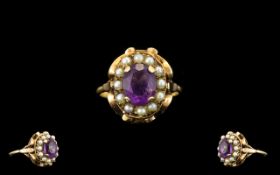 Ladies - Edwardian Period Attractive 9ct Gold Amethyst and Seed Pearl Dress Ring, Raised Setting.