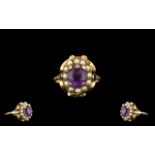 Ladies - Edwardian Period Attractive 9ct Gold Amethyst and Seed Pearl Dress Ring, Raised Setting.