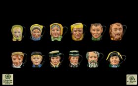 Complete Set of 12 Royal Doulton Tiny, Charles Dickens Series Character Jugs with Display Shelf.