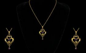 Art Nouveau - Attractive 9ct Gold Amethyst Set Pendant and Attached 9ct Gold Chain.