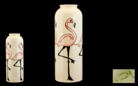 Moorcroft - Modern and Pleasing Cylindrical Shaped Tubelined Vase ' Pink Flamingos ' Pattern on