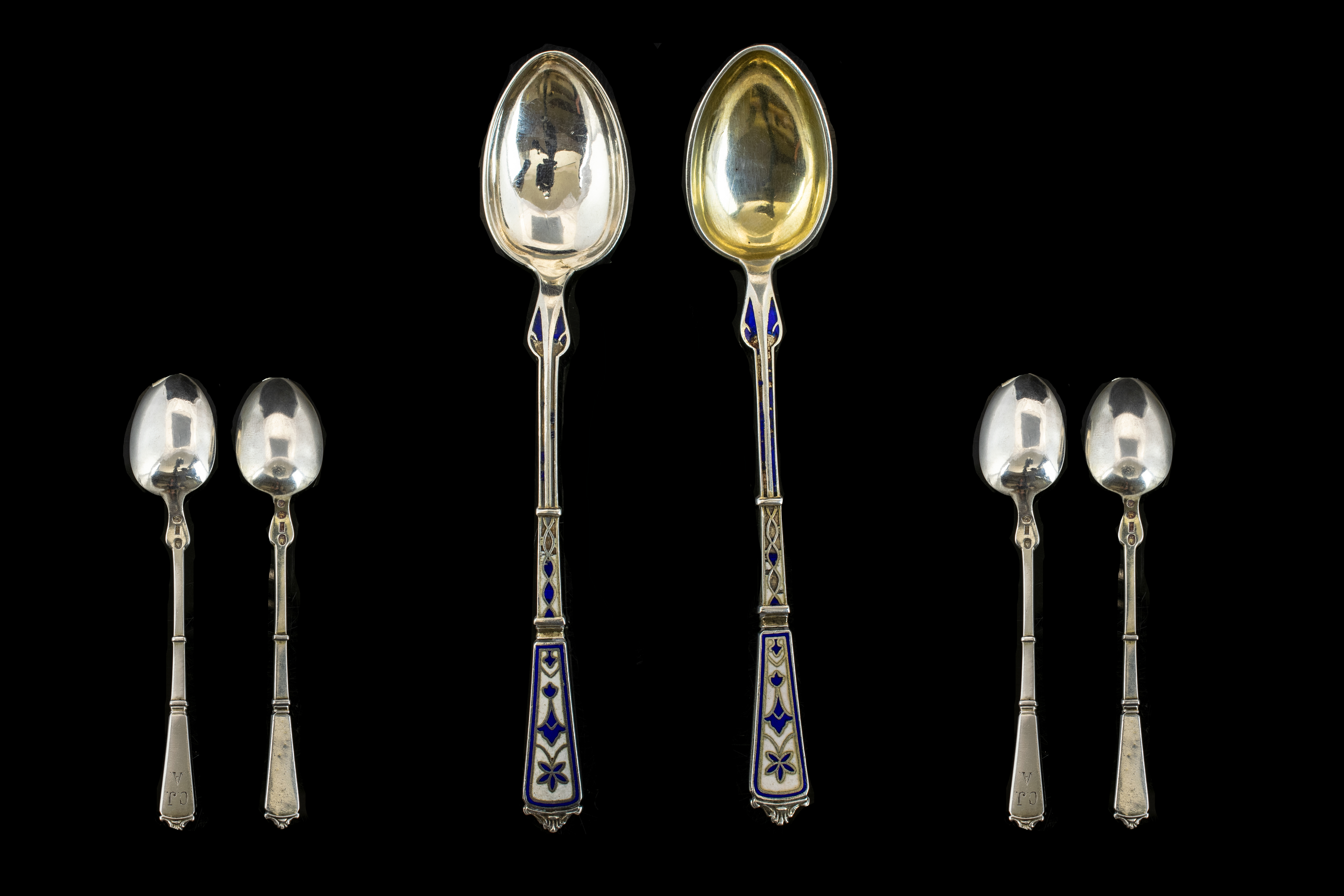 Danish Superb Quality Late 19th Century Pair of Silver and Enamel Spoons.