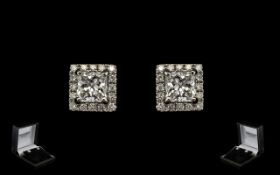 Ladies 18ct White Gold Superb Pair of Halo Princess Cut Solitaire Diamond Studs of Excellent Colour