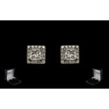 Ladies 18ct White Gold Superb Pair of Halo Princess Cut Solitaire Diamond Studs of Excellent Colour