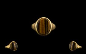 9ct Gold Tigers Eye Set Dress Ring. Full Hallmark for 9ct. Condition Is Good. Ring Size J. 3.