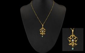 Victorian Period Superb Quality and Attractive / Fancy 9ct Gold Pendant Drop Set with Opals and