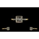 Art Deco Period 18ct Gold and Platinum Single Stone Diamond Ring, Square Setting - From The 1920's.